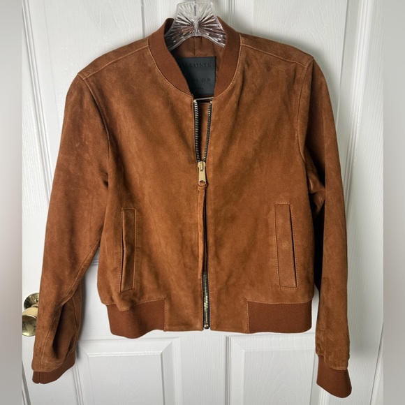 All Saints Orten Suede Bomber Jacket in Cognac Brown 6 - Picture 4 of 13